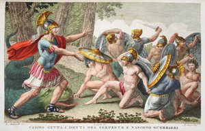 Soldados surgen de los dientes de la serpiente o Cadmo arroja los dientes de la serpiente y nacen guerreros, ilustración de las Metamorfosis de Ovidio, Florencia, 1832